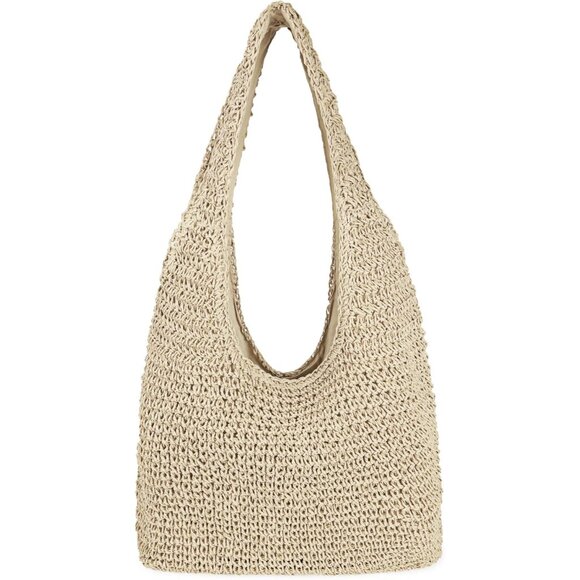 Women's Beige Large Straw Beach Bag Handmade Woven Shoulder Hobo Tote Handbag - Picture 1 of 6